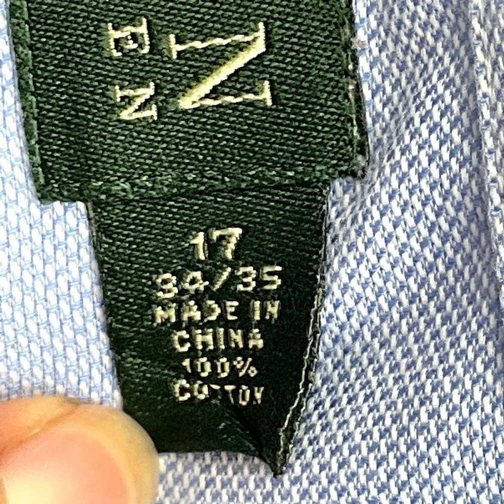 Polo Ralph Lauren Shirt Men 17 Blue 100% Cotton Long‎ Sleeve Button Non Iron